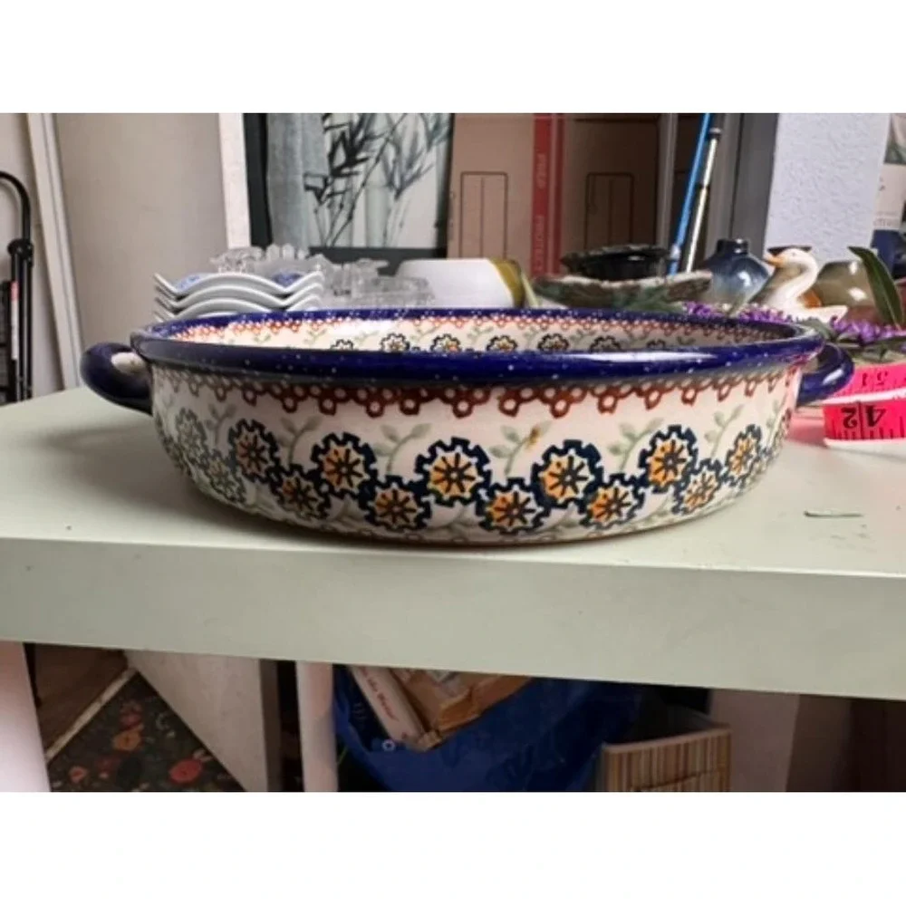Vintage Hand-painted Serving Dish Stoneware Cobalt Blue Floral‎ Unikat Pattern